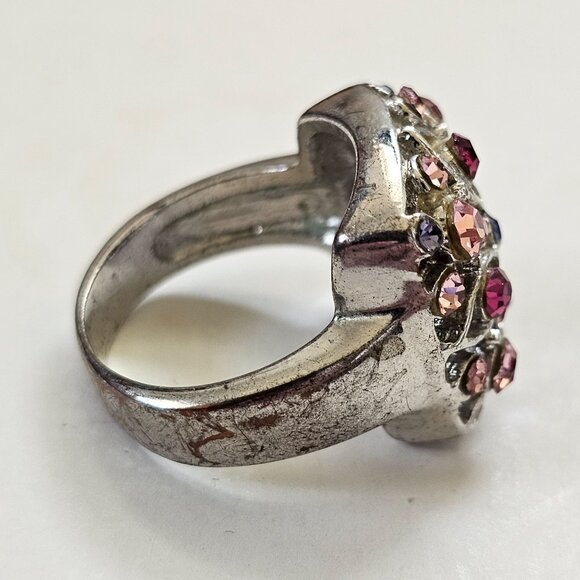Vintage Silver-Tone Fashion Ring With Pink & Purple Rhinestones Square Cluster D - Picture 2 of 6